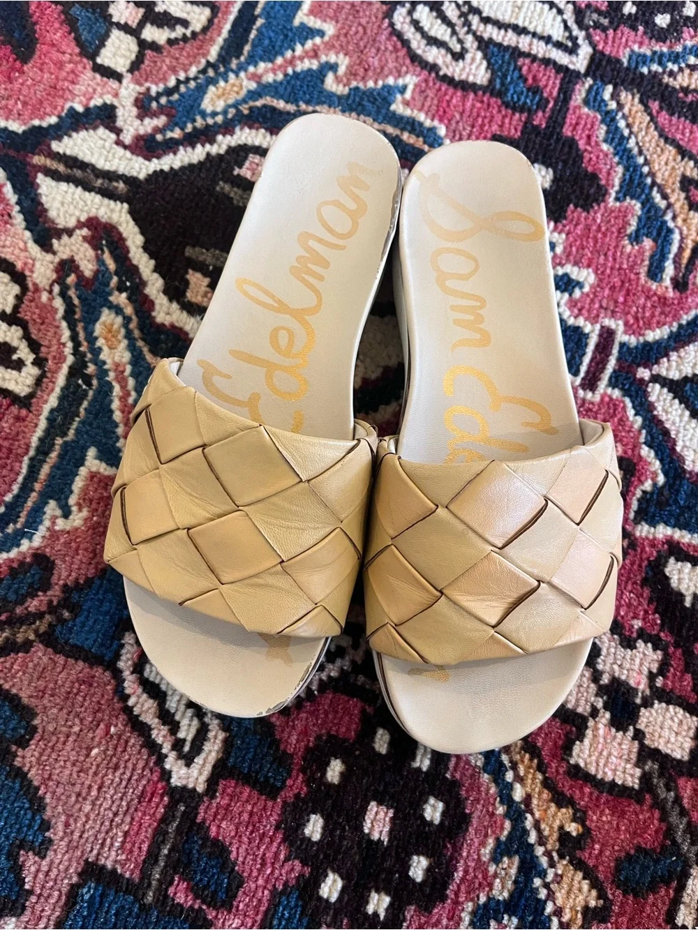 Sam Edelman Tan Woven Leather Andaley Women's fashionable sandal +subtle height